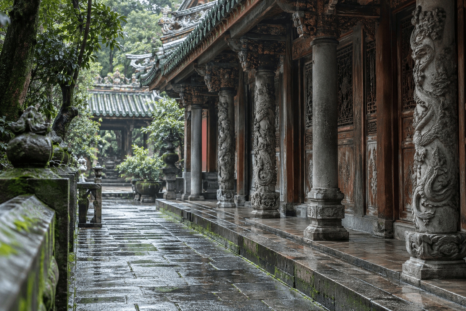 竹北清雲寺雨後廟埕迴廊